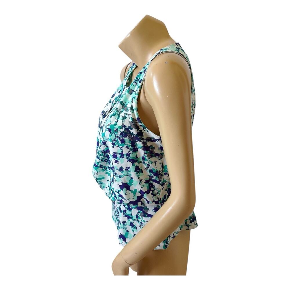 Ann Taylor Blouse Womens 2 Abstract Teal Blue Sleeveless Draped Front Back Zip - Picture 2 of 8